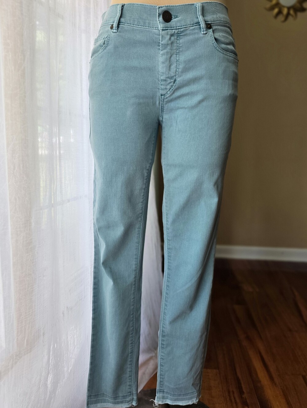 Sage Green Cropped Straight Leg Jeans Low Rise Raw Hem Stretch LOFT Size 26